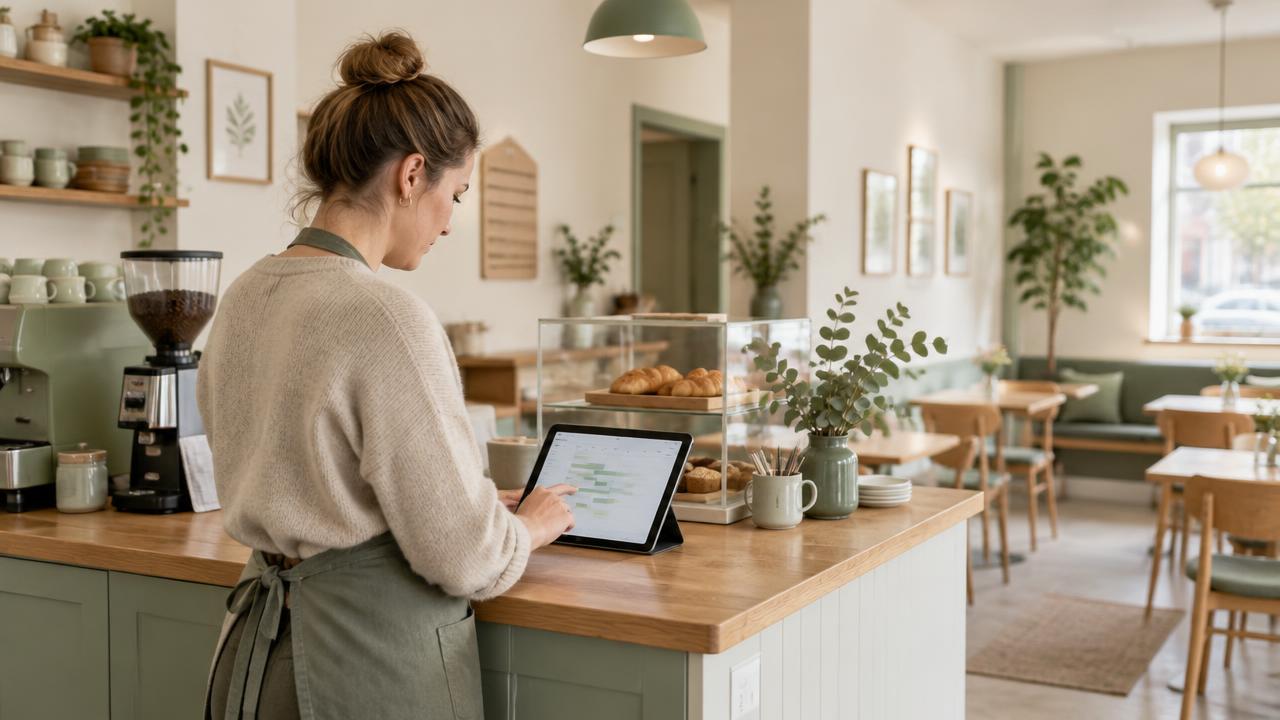 Caféägare planerar veckans schema på en surfplatta vid disken